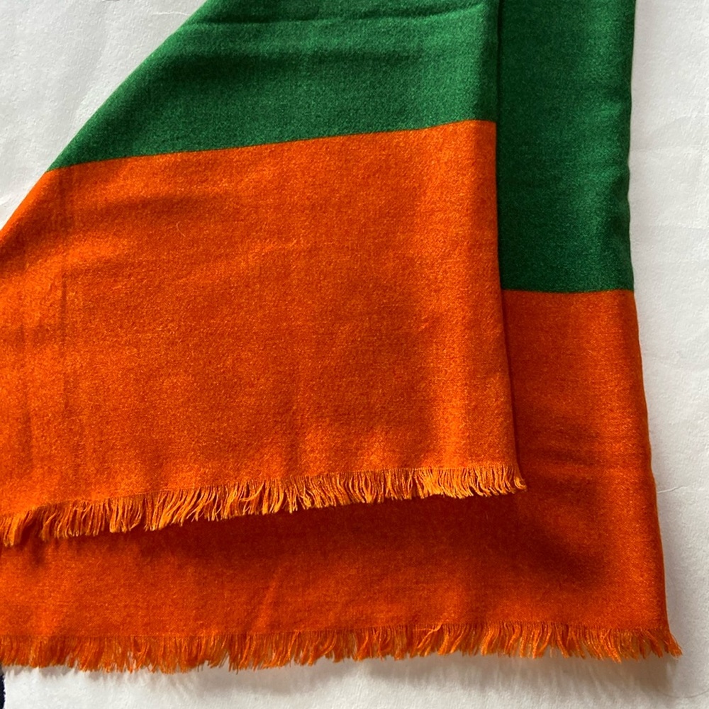 Yves San Laurent 52x52” wool scarf or wrap in orange and green squares